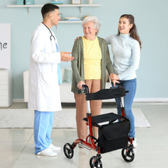 2 in 1 Walker Aluminium Mobility Walking Aid with Seat Adjustable-Red