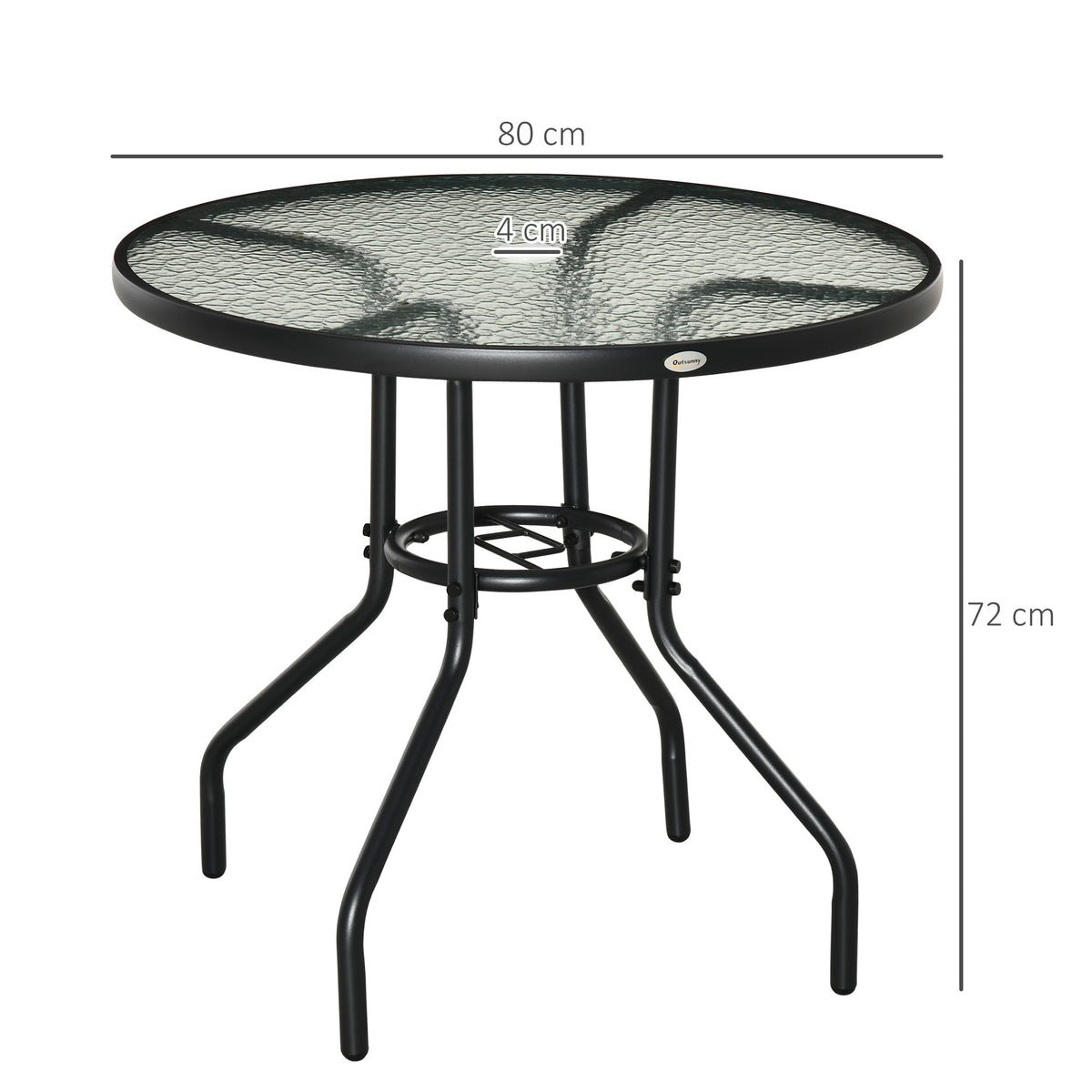 Outsunny Outdoor φ80cm Round Dining Table Tempered Glass Top Steel Frame Bistro Coffee End Side Table Garden w/ Parasol Hole