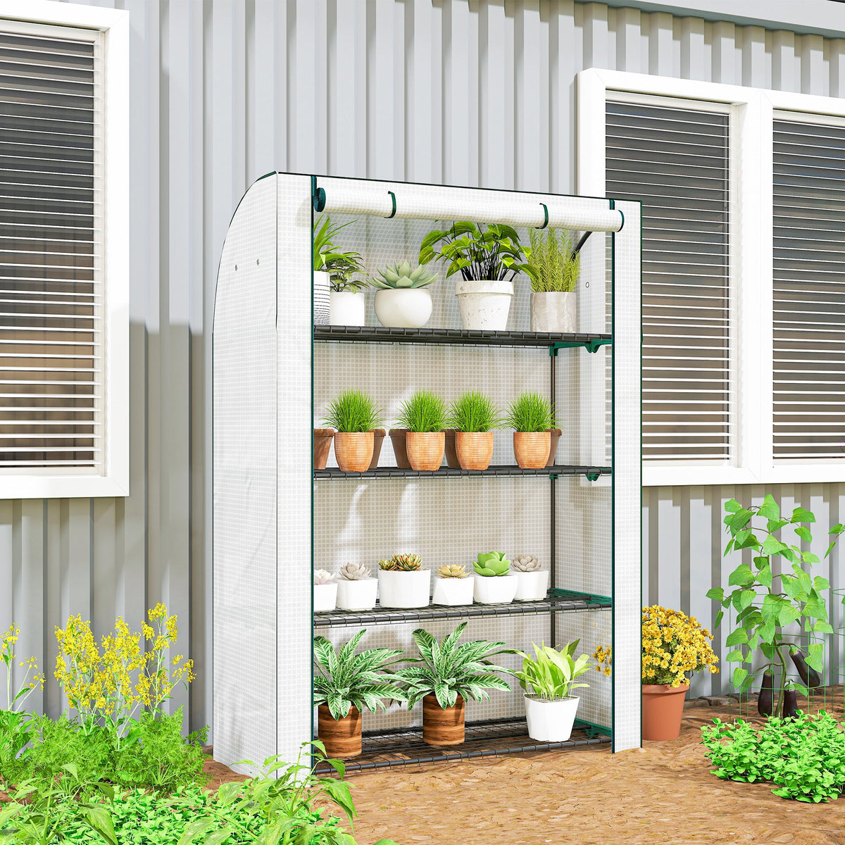 Outsunny Mini Greenhouse with Reinforced PE Cover, Portable Indoor Outdoor Green House with Roll-up Door, 170 x 120 x 50cm, White