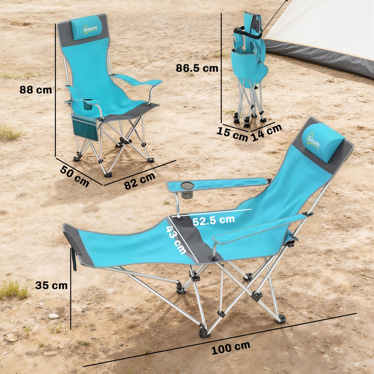 Outsunny Set of 2 Reclining Folding Camping Chair w/ Detachable Footrest, Storage Bag, Cup Holder & Headrest, Blue and Grey