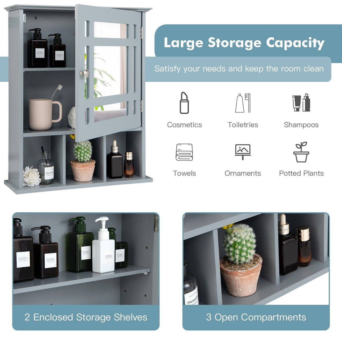 Mirror Door Cabinet with Adjustable Shelf and 3 Compartments-Grey