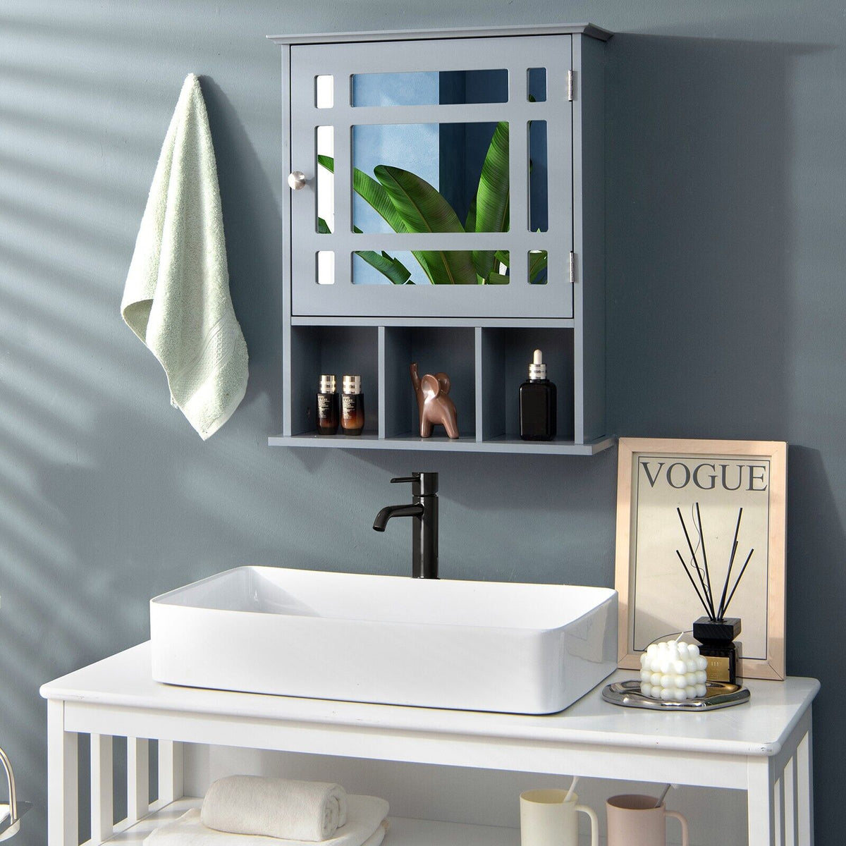Mirror Door Cabinet with Adjustable Shelf and 3 Compartments-Grey
