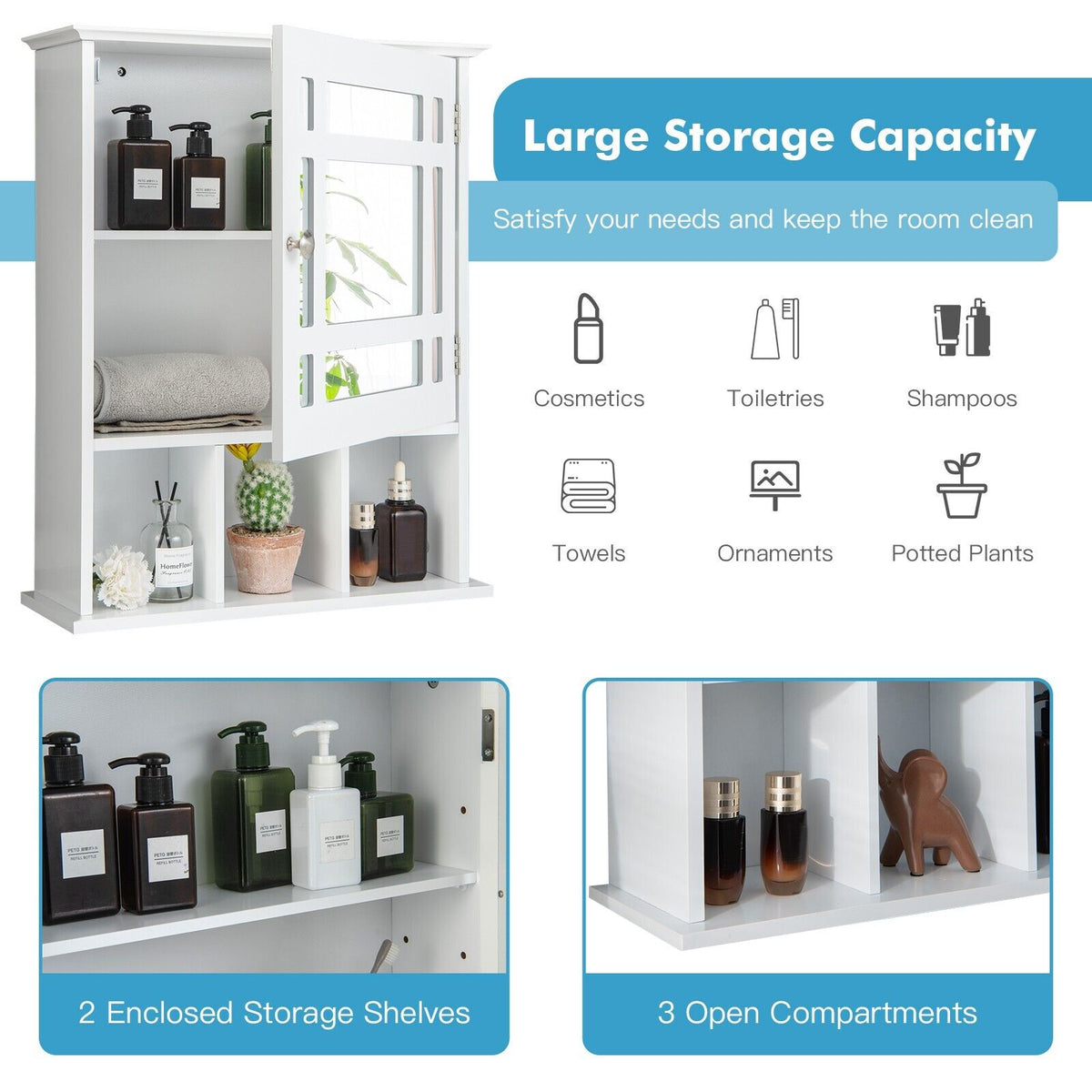 Mirror Door Cabinet with Adjustable Shelf and 3 Compartments-White