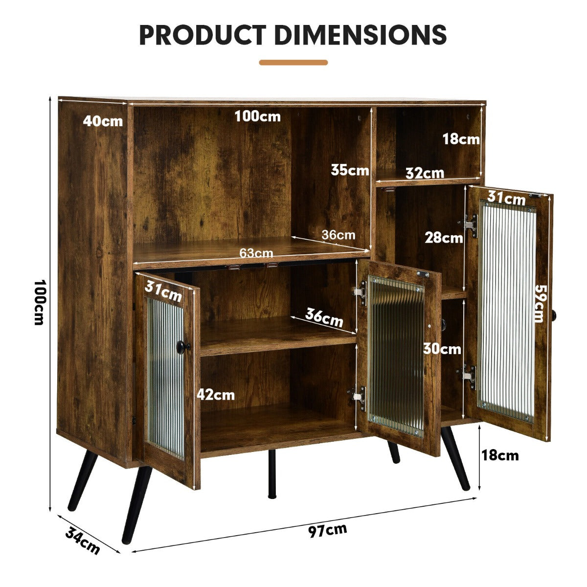 Industrial Wooden Kitchen Storage Cabinet with Tempered Glass Doors-Brown