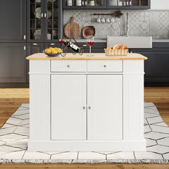 Drop-Leaf Kitchen Island with Extendable Worktop and Adjustable Shelves-White