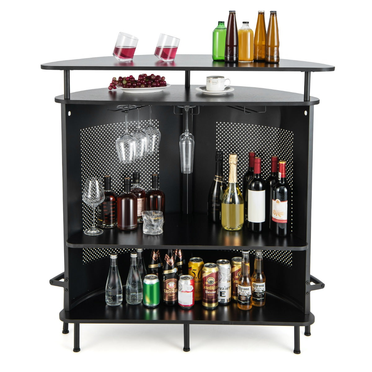 4-Tier Bar Table with Storage Shelves and 3 Stemware Holders-Black