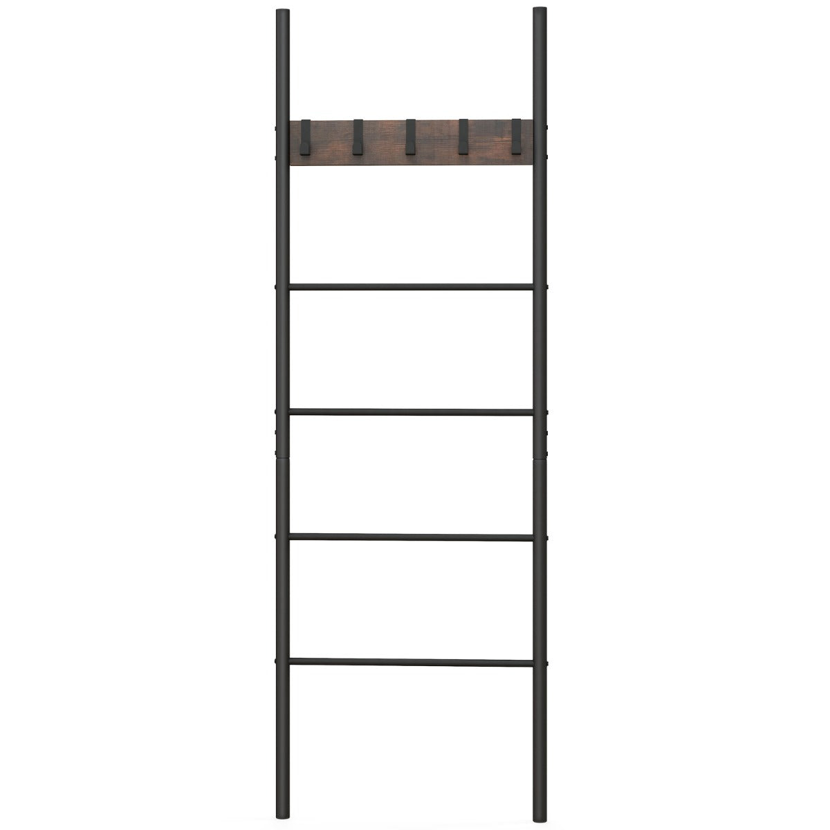 5-Tier Wall Leaning Blanket Ladder with 5 Removable Hooks and Industrial Blanket Holder Rack