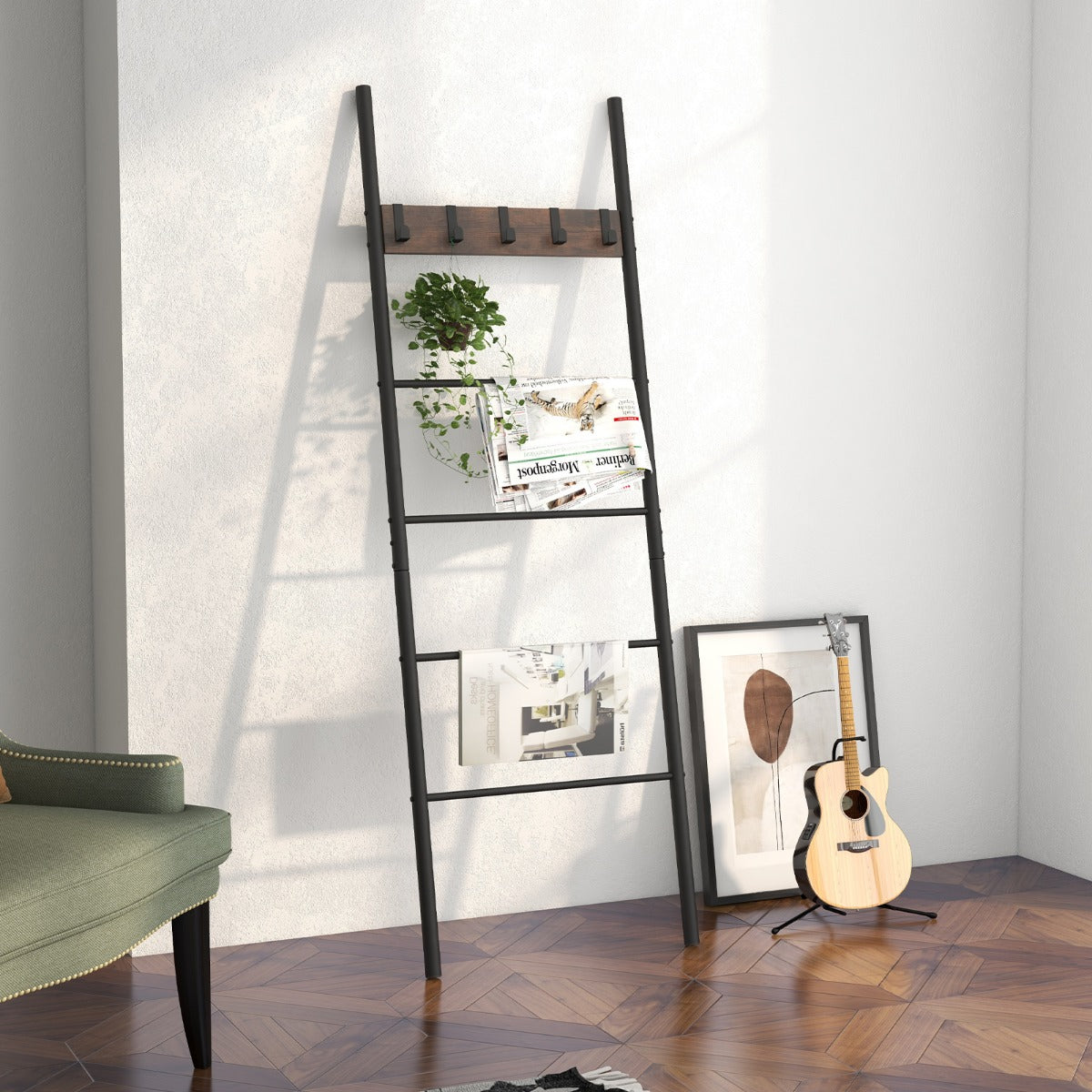 5-Tier Wall Leaning Blanket Ladder with 5 Removable Hooks and Industrial Blanket Holder Rack