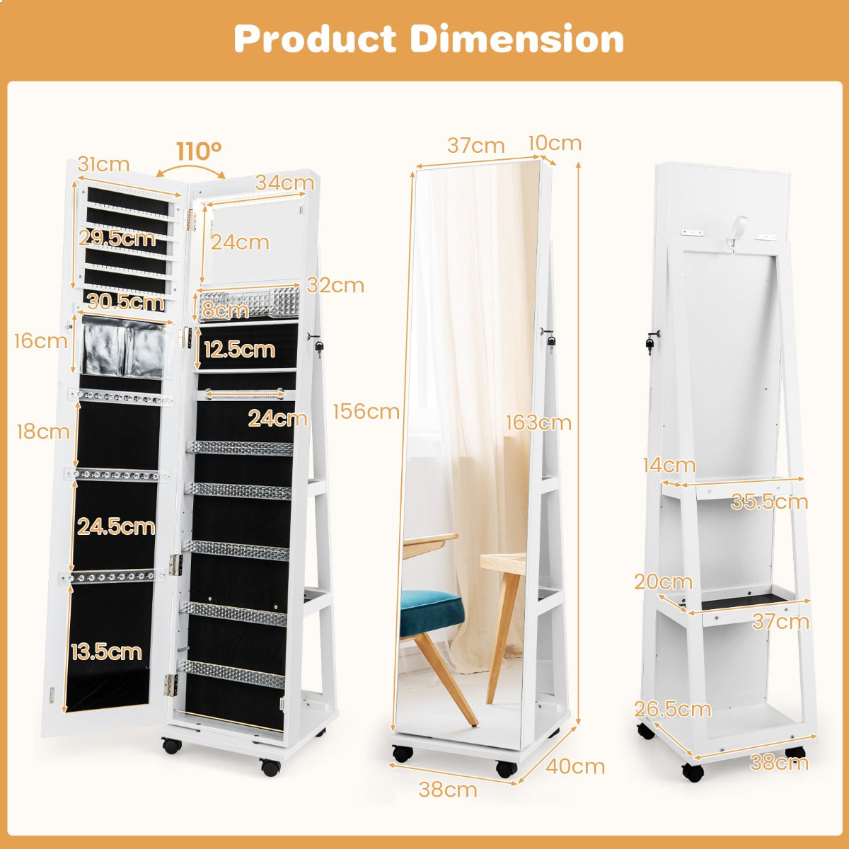 Lockable Jewelry Cabinet Armoire with Built-in Makeup Mirror and 3-Color LED Lights-White
