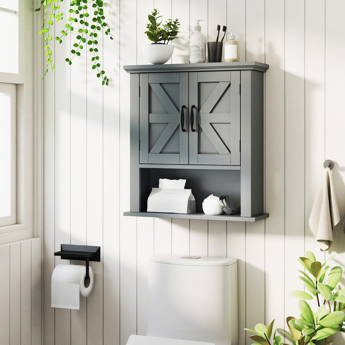 Farmhouse Wall Mounted Bathroom Cabinet with Adjustable Shelf-Grey