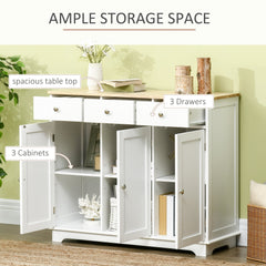 HOMCOM Sideboard with Rubber Wood Top, Modern Storage Cabinet, Kitchen Cupboard with 3 Doors, 3 Drawers and 3 Adjustable Shelves for Dining Room, Living Room, White