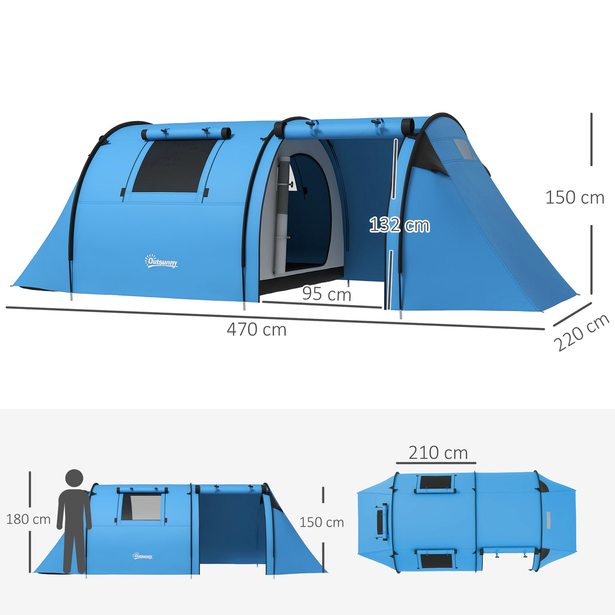 Outsunny Four Man Duo Room Tunnel Tent, with Accessories - Sky Blue