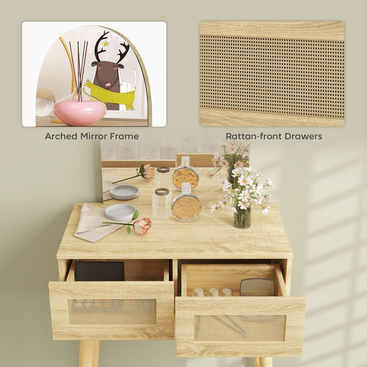 HOMCOM Dressing Table, Compact Vanity Desk with Mirror and 2 Drawers, Natural Wood Finish