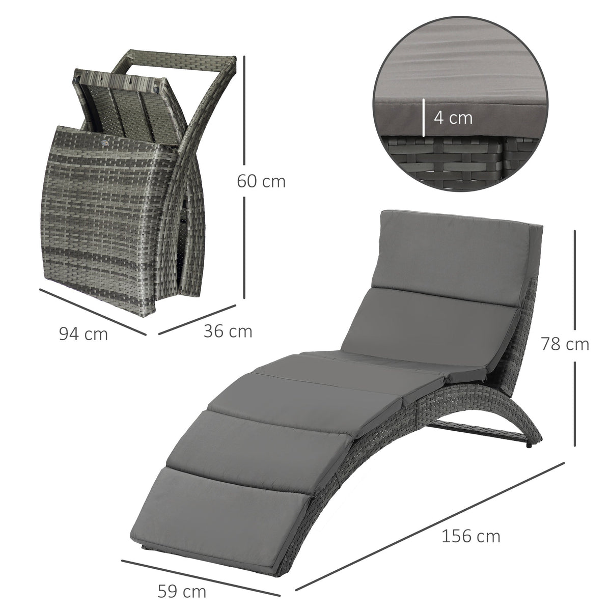 Outsunny Outdoor Foldable PE Rattan Sun Lounger with Soft Padded Cushion, Ergonomic Curved Design Sun Bed for Balcony