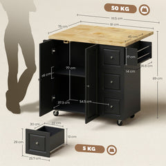 HOMCOM Kitchen Island on Wheels, Rolling Kitchen Storage Trolley with Drop Leaf, Drawers, Towel and Spice Rack, Black