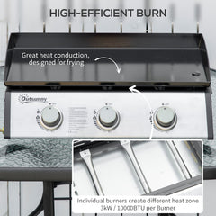 Outsunny Gas Plancha Barbecue Grill with 3 Stainless Steel Burner, 9kW, Portable Tabletop Gas BBQ with Non-Stick Griddle for Camping Picnic Garden Party Festival