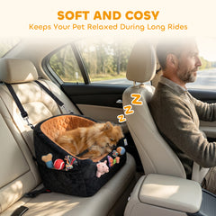 PawHut Dog Car Seat, Detachable Washable Dog Booster Seat with Thick Cushion, Seat Belt, Pockets for Small Under 10kg, Brown