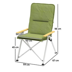 Green padded camping chair with dimensions shown