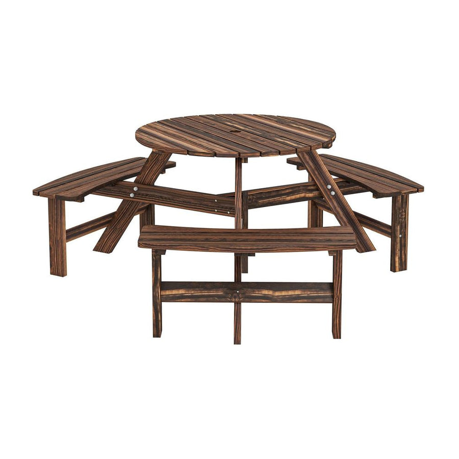 Outsunny Wooden Garden Dining Set, 6 Seater Round Dining Picnic Table with Matching Bench, Garden Furniture Set with Parasol