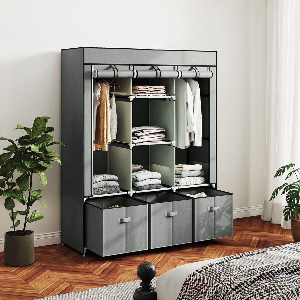 HOMCOM Fabric Wardrobe for Bedroom, Portable Wardrobe with 5 Shelves, 2 Hanging Rails and 3 Fabric Drawers, Foldable Closet, 125 x 43 x 162.5cm, Light Grey