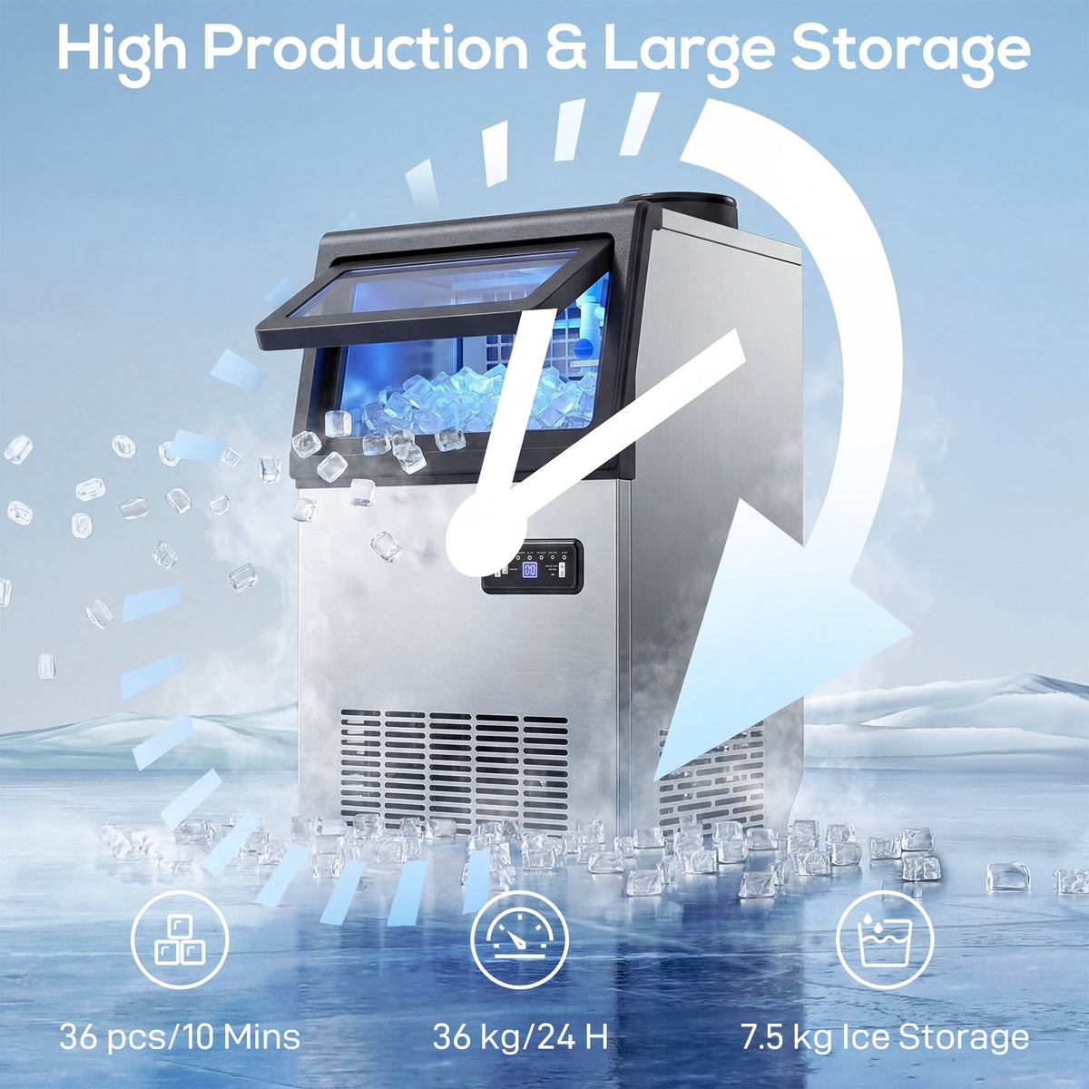 HOMCOM Commercial Ice Maker Machine, 36kg/24H Stainless Steel Under Counter or Freestanding Ice Machine, Silver