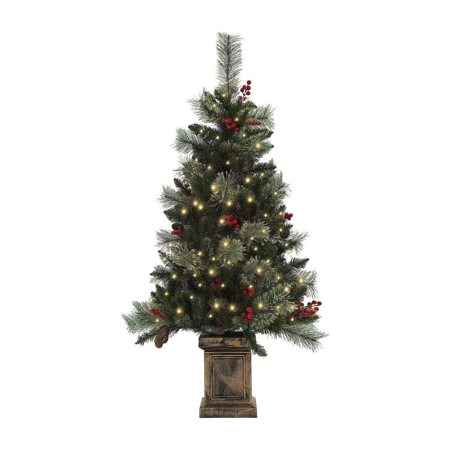HOMCOM 1.2m/4ft Artificial Christmas Tree with 100 Warm White LED Lights and 8 Modes, Small Xmas Tree with Red Berries, Pine