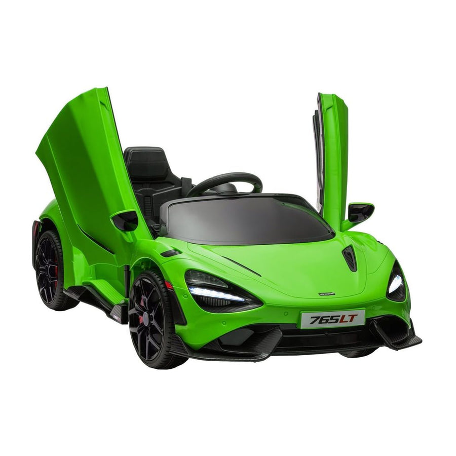 AIYAPLAY McLaren 765LT Licensed 12V Kids Electric Ride on Car in bright green with butterfly doors open
