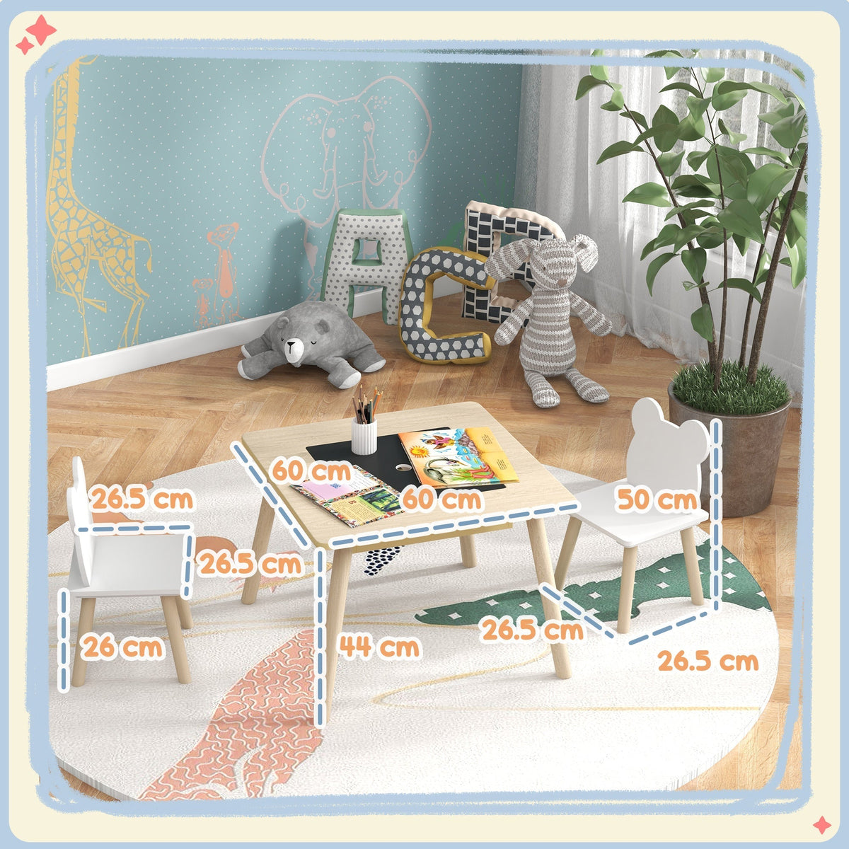 AIYAPLAY 3-Piece Kids Table and Chairs Set with Convertible Desk and Storage Grid, Kids Activity Table for Nursery, Playroom