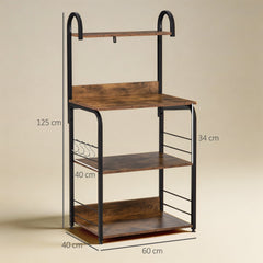 HOMCOM 4-Tier Baker's Rack, Microwave Stand with 4 Hooks, Kitchen Storage Unit for Spices, Pots and Pans, Rustic Brown
