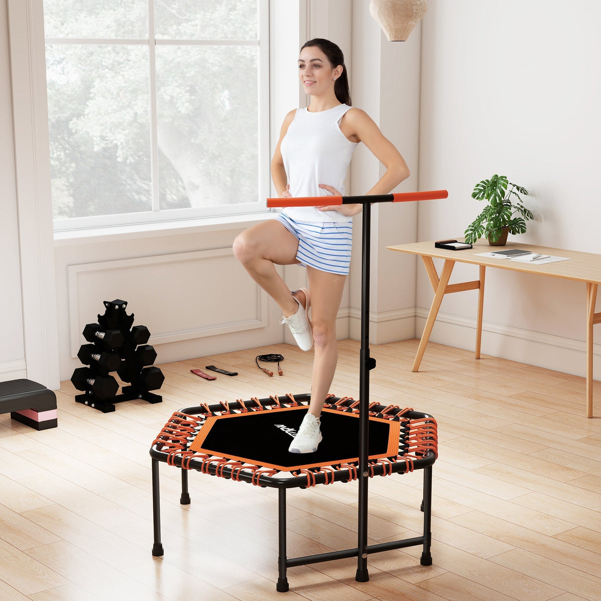 SPORTNOW 45" Rebounder Trampoline for Adults, Quiet Bungee Rebounder with LED Lights and Adjustable Handle, Orange - product