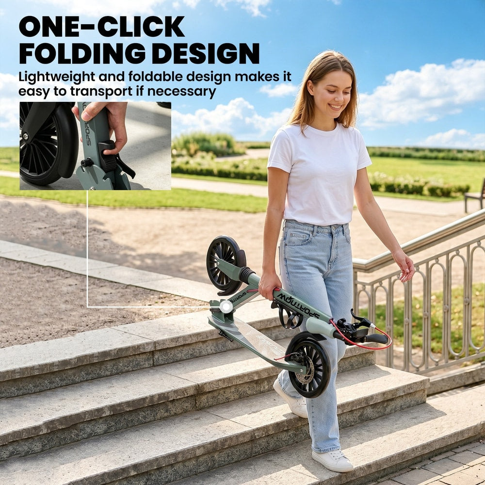 A woman carries the folded kick scooter down a set of outdoor stairs