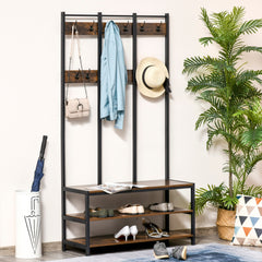 HOMCOM Coat Rack Stand, Free Standing Hall Tree, Coat Stand with Hooks, Bench and Shoe Rack, 100cm x 38.5cm x 185.5cm, Industrial Style, Rustic Brown and Black