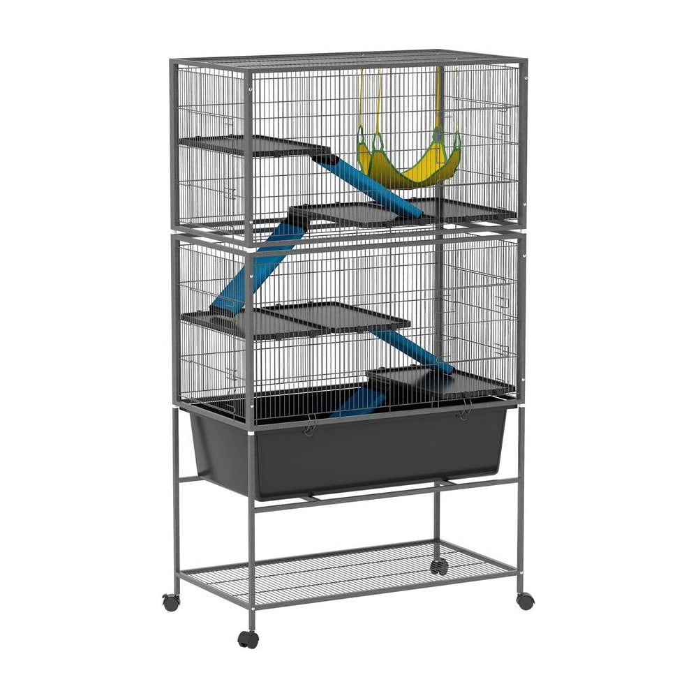 PawHut 5 Levels Rolling Small Animal Cage with Non Slip Ramps, Slide Out 16cm Deep Tray, 88 x 48 x 150.5cm, Dark Grey