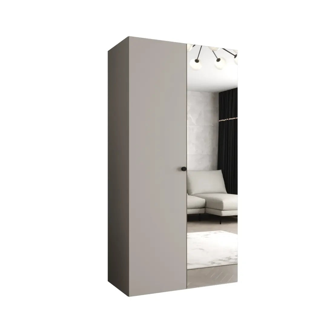 The hinged wardrobe with a smooth light grey door and a full length mirror panel