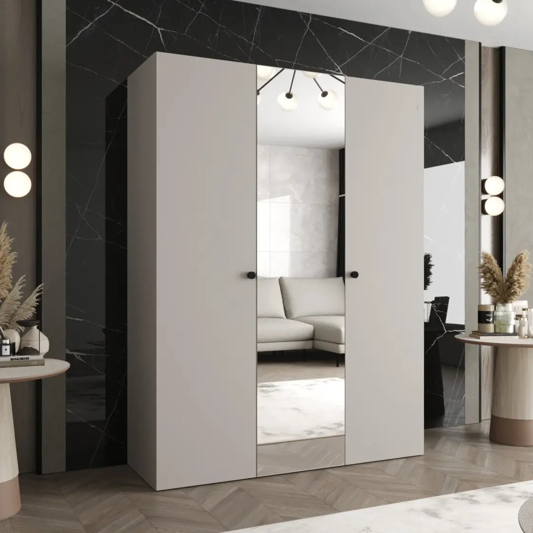 The hinged wardrobe in light grey with a central mirrored door