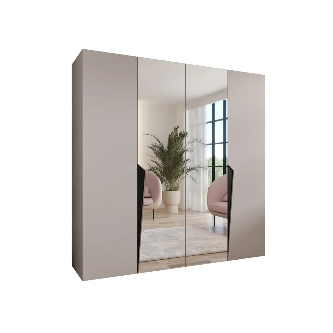 The taupe hinged wardrobe with central mirrored doors on a plain background