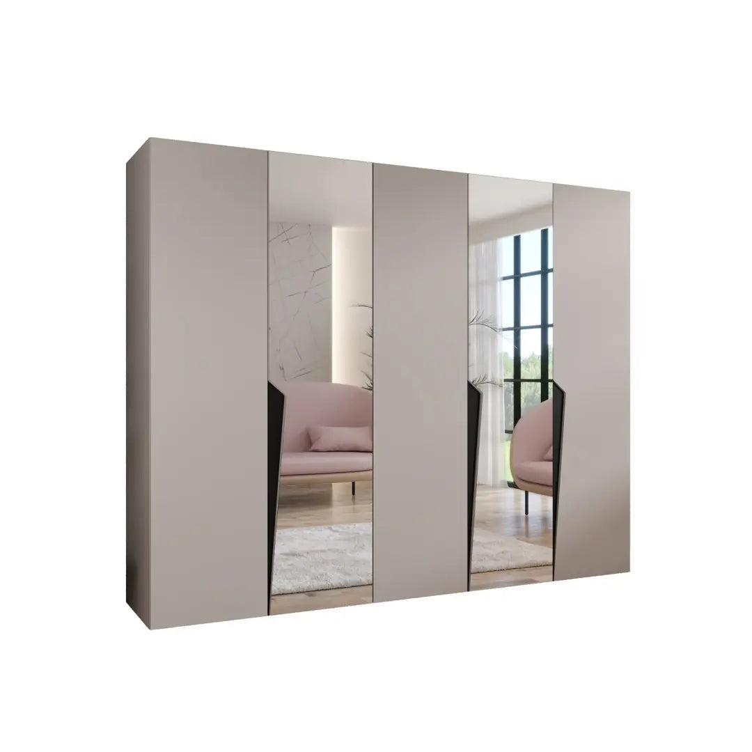 The light grey hinged wardrobe is shown with mirrored doors