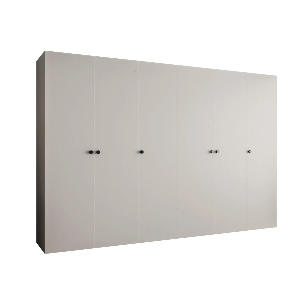 The hinged wardrobe shown with plain cream doors and black handles