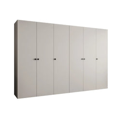 The hinged wardrobe shown with plain cream doors and black handles