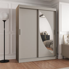 The grey sliding door wardrobe in a room with a floor lamp and wooden floor