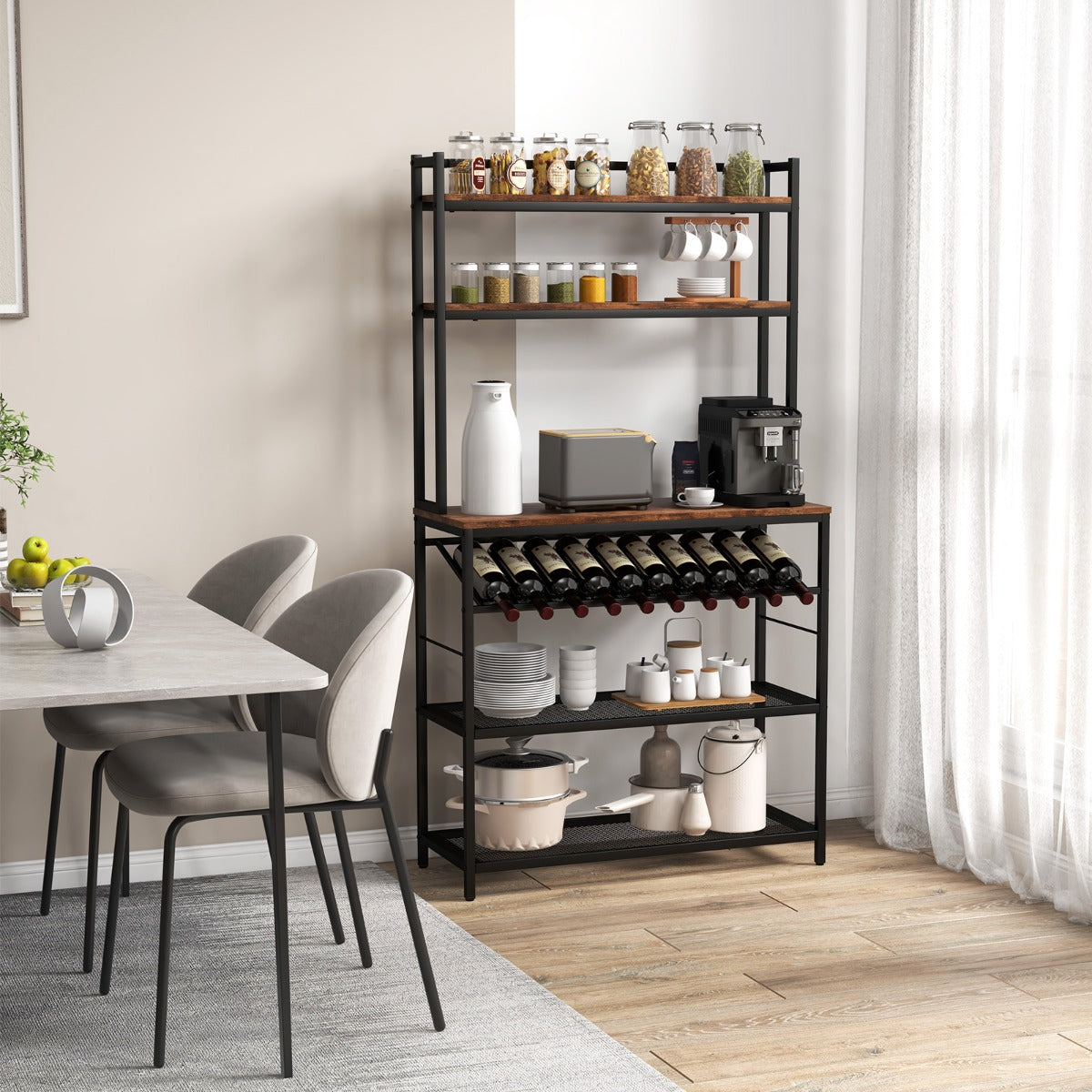 6-Tier Kitchen Baker's Rack with Wine Storage-Brown