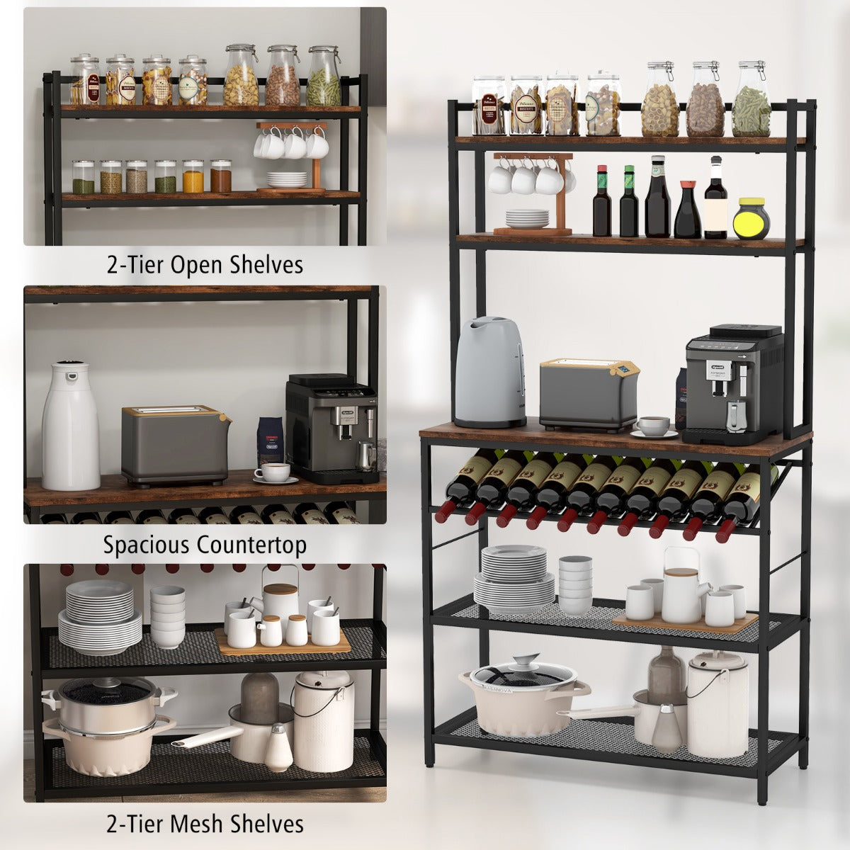 6-Tier Kitchen Baker's Rack with Wine Storage-Brown