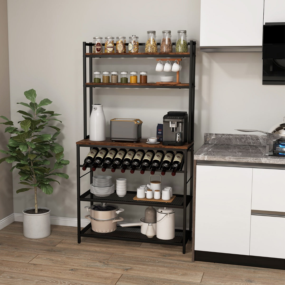 6-Tier Kitchen Baker's Rack with Wine Storage-Brown