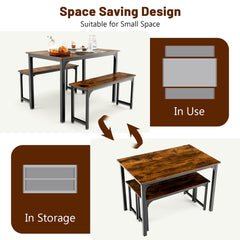 3 Pieces Space-Saving Dining Breakfast Table Set with 2 Benches-Coffee