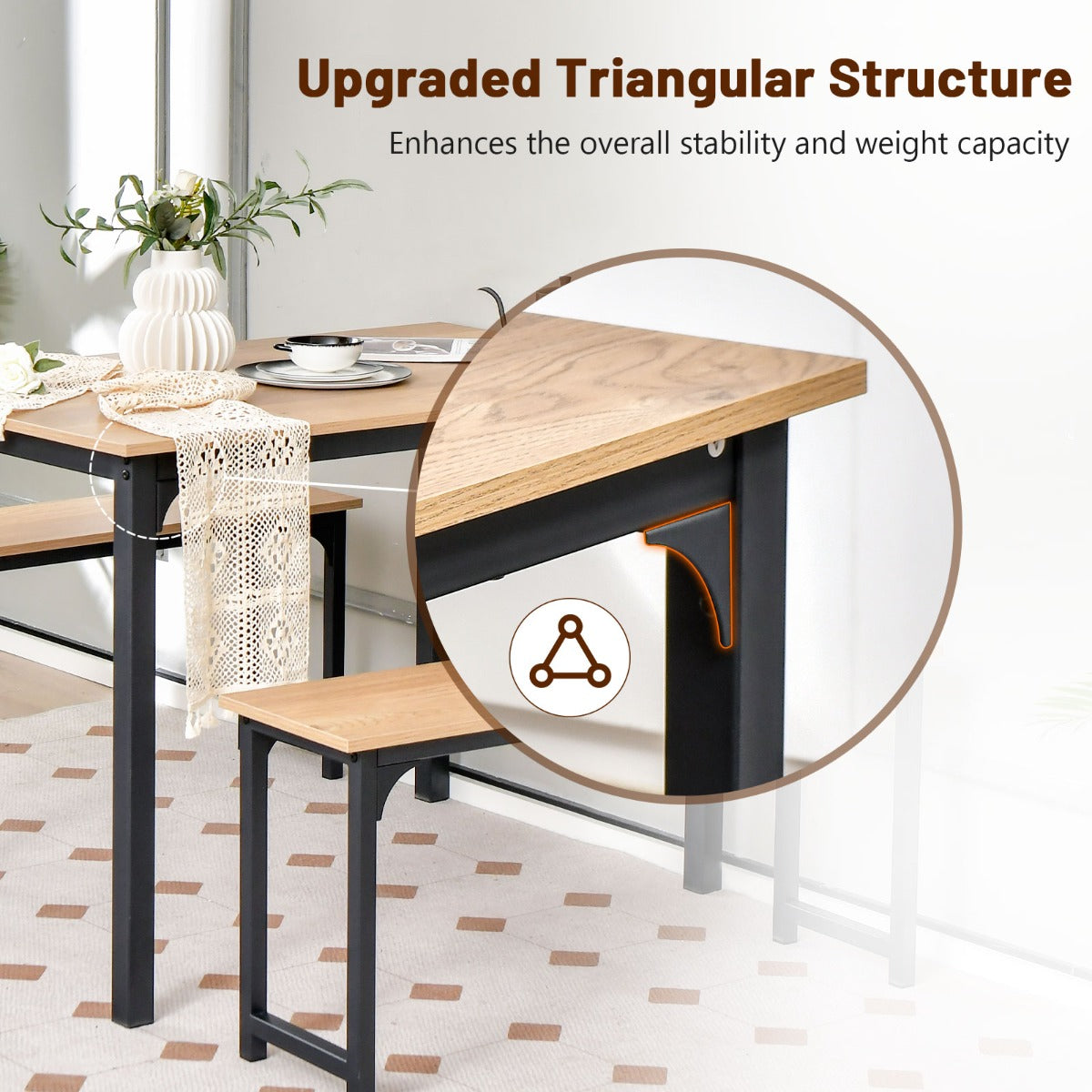 3 Pieces Space-Saving Dining Breakfast Table Set with 2 Benches-Natural