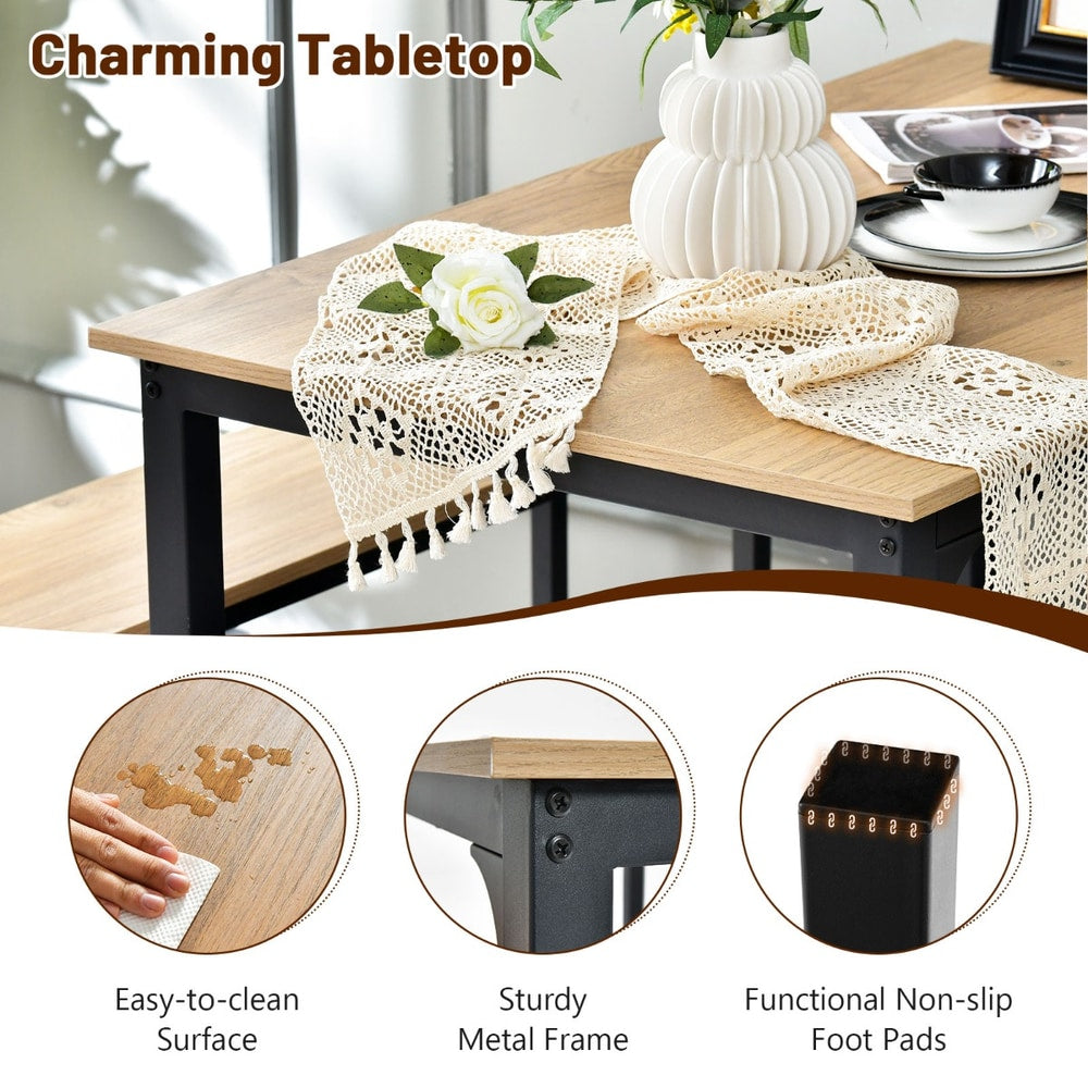 The dining room set showing close-ups of the wooden surface, metal frame and non-slip feet