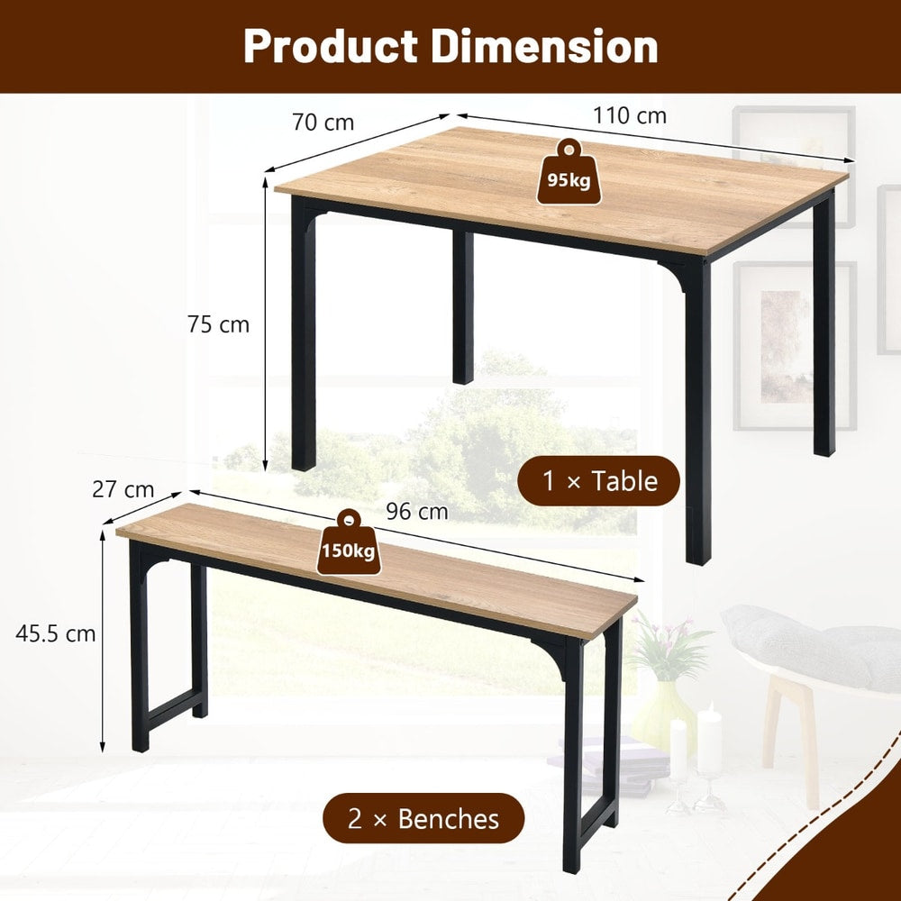 The dining room set with labels showing the dimensions of the table and the two benches
