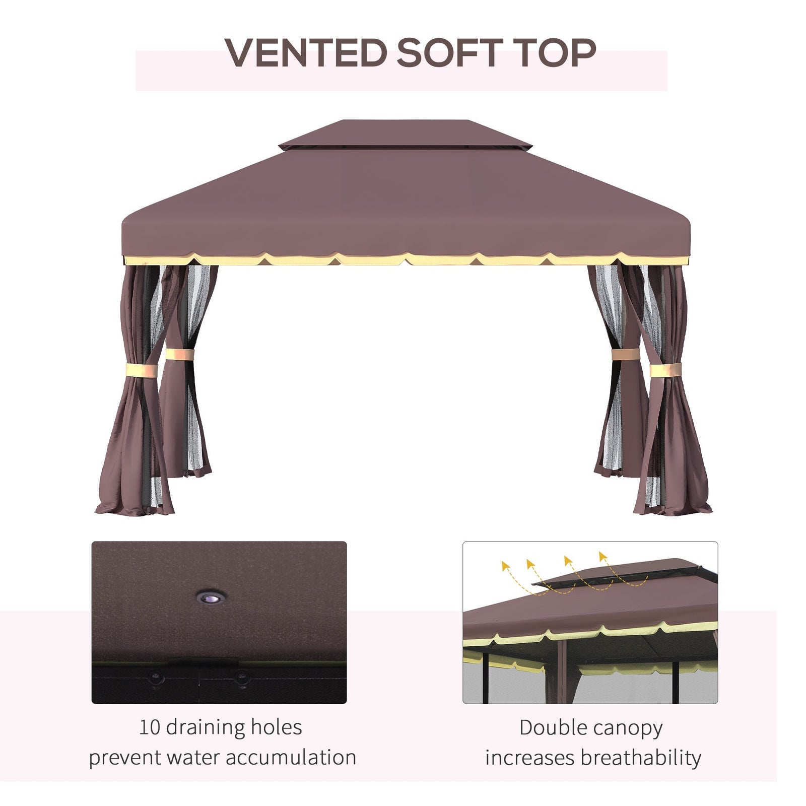 Outsunny 3 x 4m Aluminium Garden Gazebo, Marquee Canopy Shelter Pavilion Party Tent with Nets and Curtains for Garden and Deck, Coffee