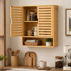 HOMCOM Bathroom Wall Cabinet, Wall Mounted Bathroom Cabinet with 2 Louvered Doors, Open Shelf and Adjustable Shelf Storage