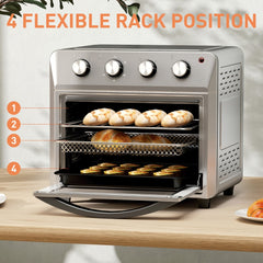 the air fryer oven with its door open, showing four rack positions for cooking different foods